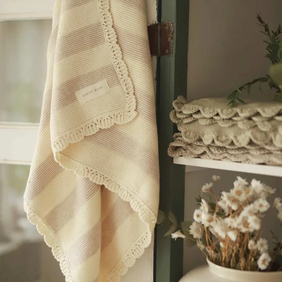 Avery Row Stripe Knit Blanket - Oat Melange - Image 5