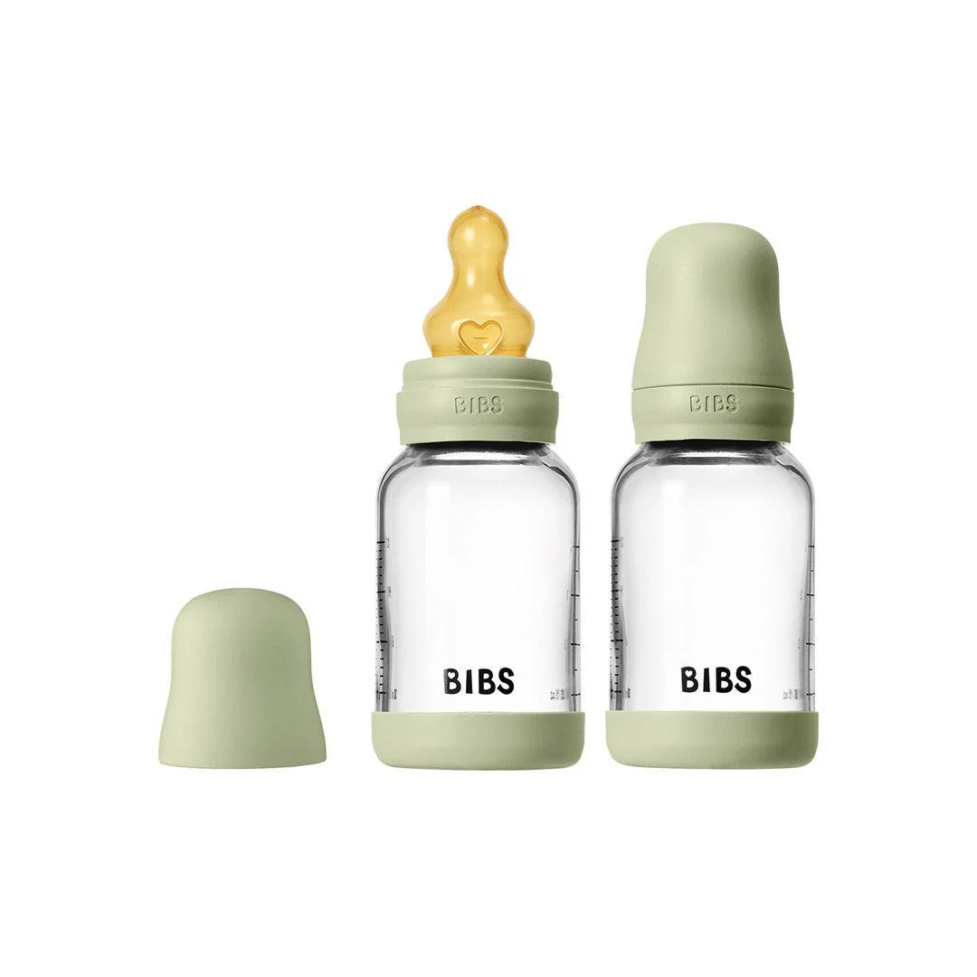 BIBS 2 Pack Slow Flow Glass Baby Bottle Round Latex - 120ml - Sage