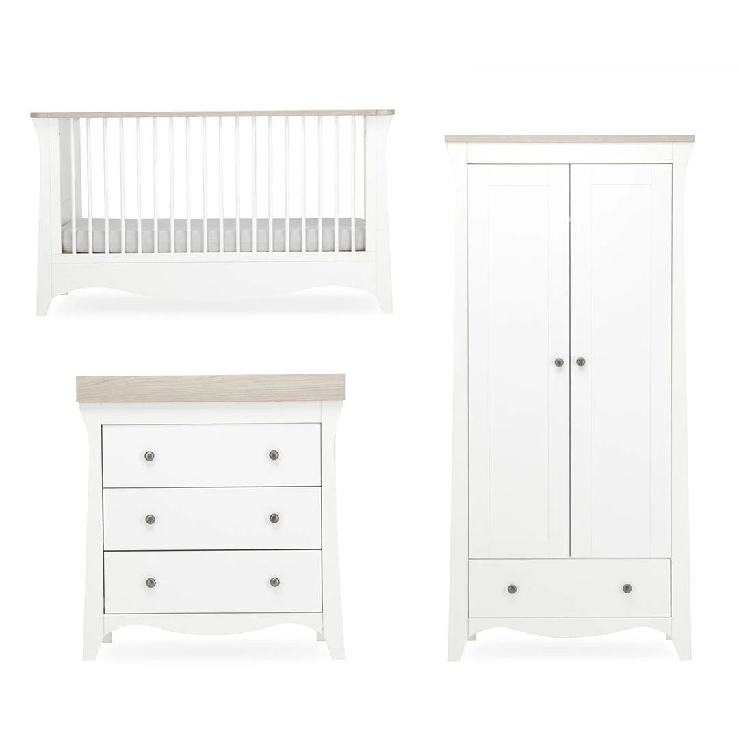 CuddleCo Clara 3 Piece Set 3-Drawer Dresser Cot Bed + Wardrobe - White/Ash