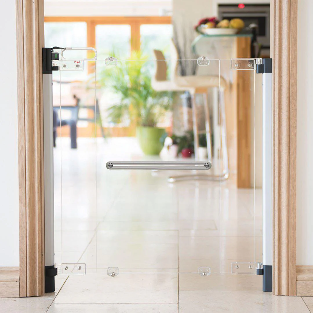 Fred Screw Fit Stairgate - Clear Acrylic Panel/Dark Grey Fittings - Image 2