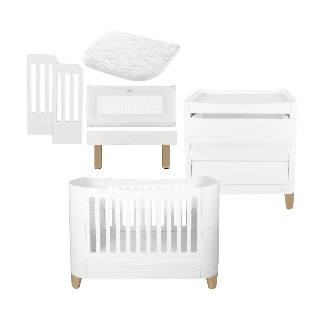 Gaia Baby Serena Cot Bed + Bedside Crib Set- Includes Bedside (Incl Bedside mattress) Cot Bed and Dresser - White / Natural