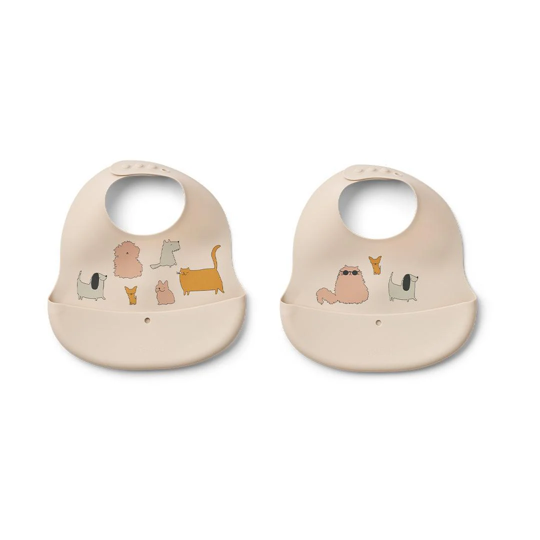 Liewood Ember Printed Bib 2-pack - Cats And Dogs / Sandy