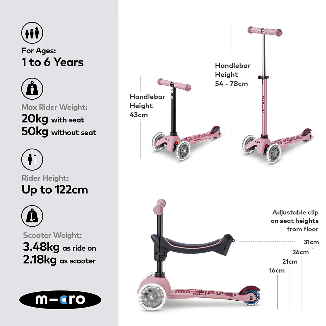 Micro Scooters Mini 2 Grow Deluxe LED Clip Seat V2 Scooter - Rose Pink - Image 3
