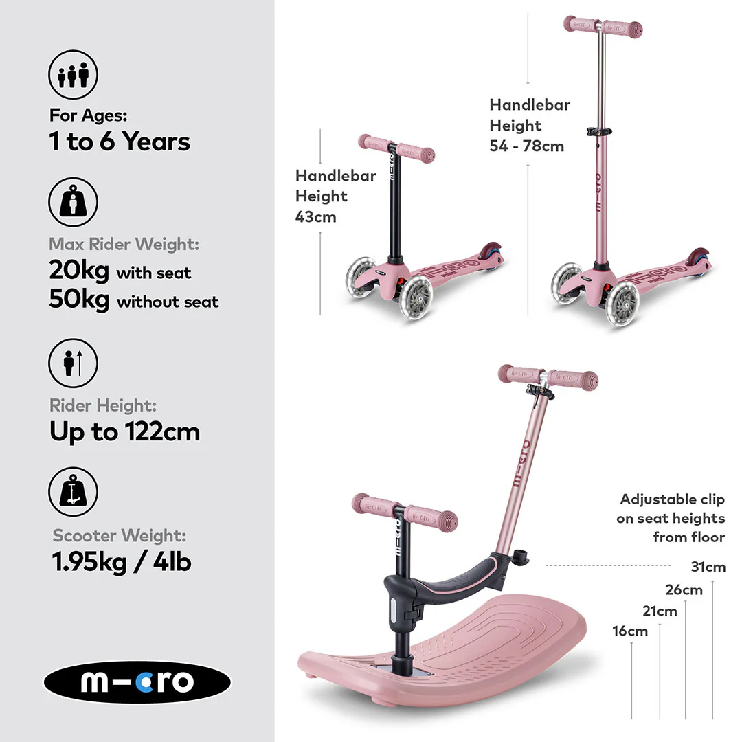 Micro Scooters Mini Deluxe LED Rock And Go Scooter - Rose Pink - Image 3