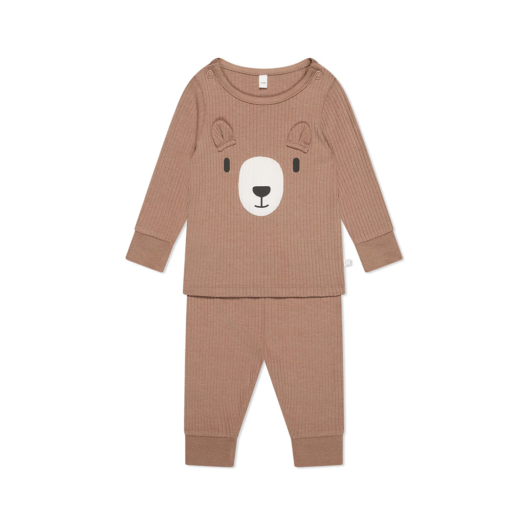 MORI Ribbed Bear Face Pyjamas - Bear + Brown