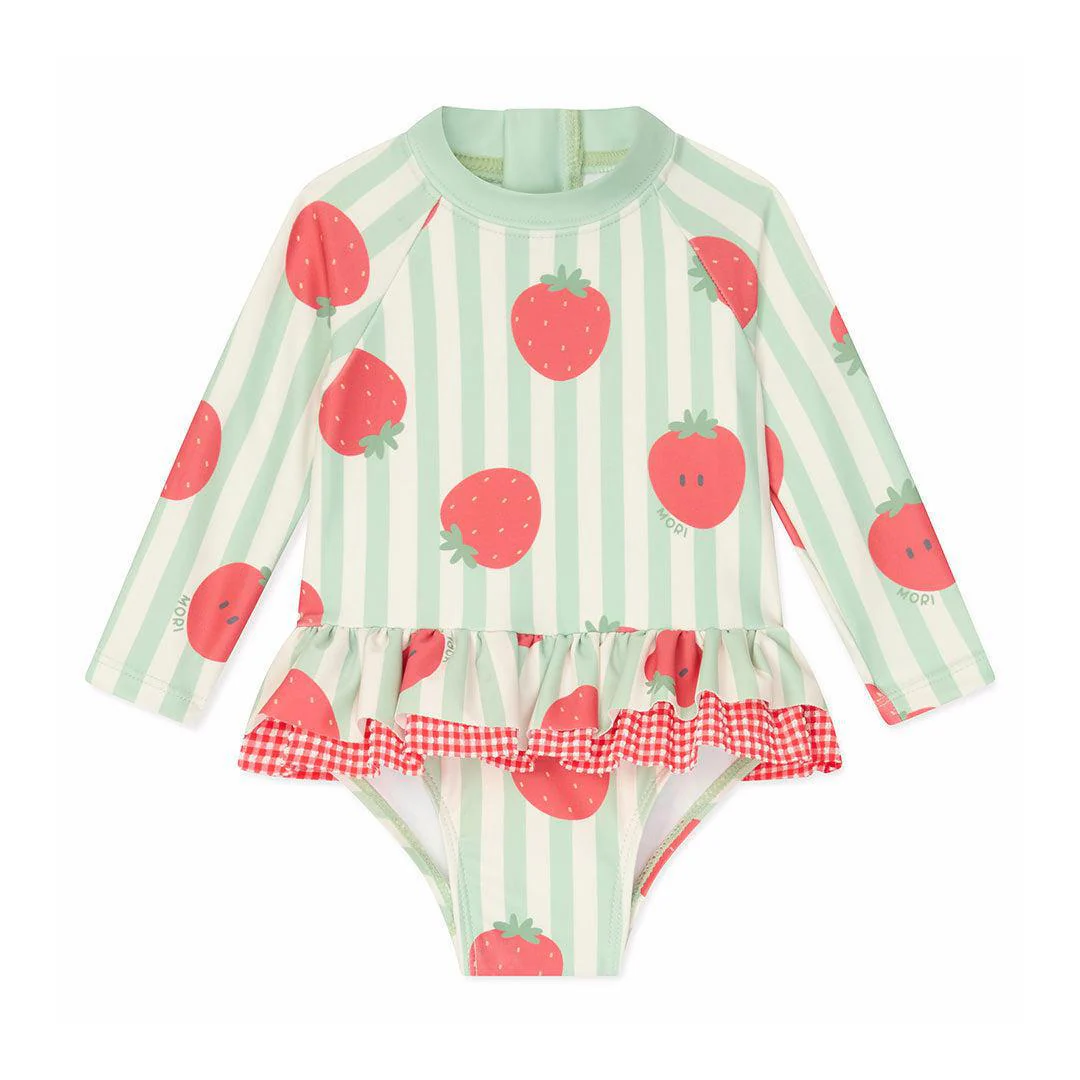 MORI Stripe Frill Long Sleeve Swimsuit - Strawberry & Green Stripe