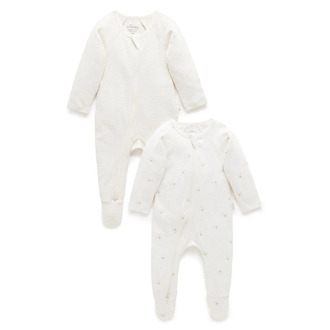 Purebaby 2 Pack Zip Sleepsuit - Vanilla Bear Pack