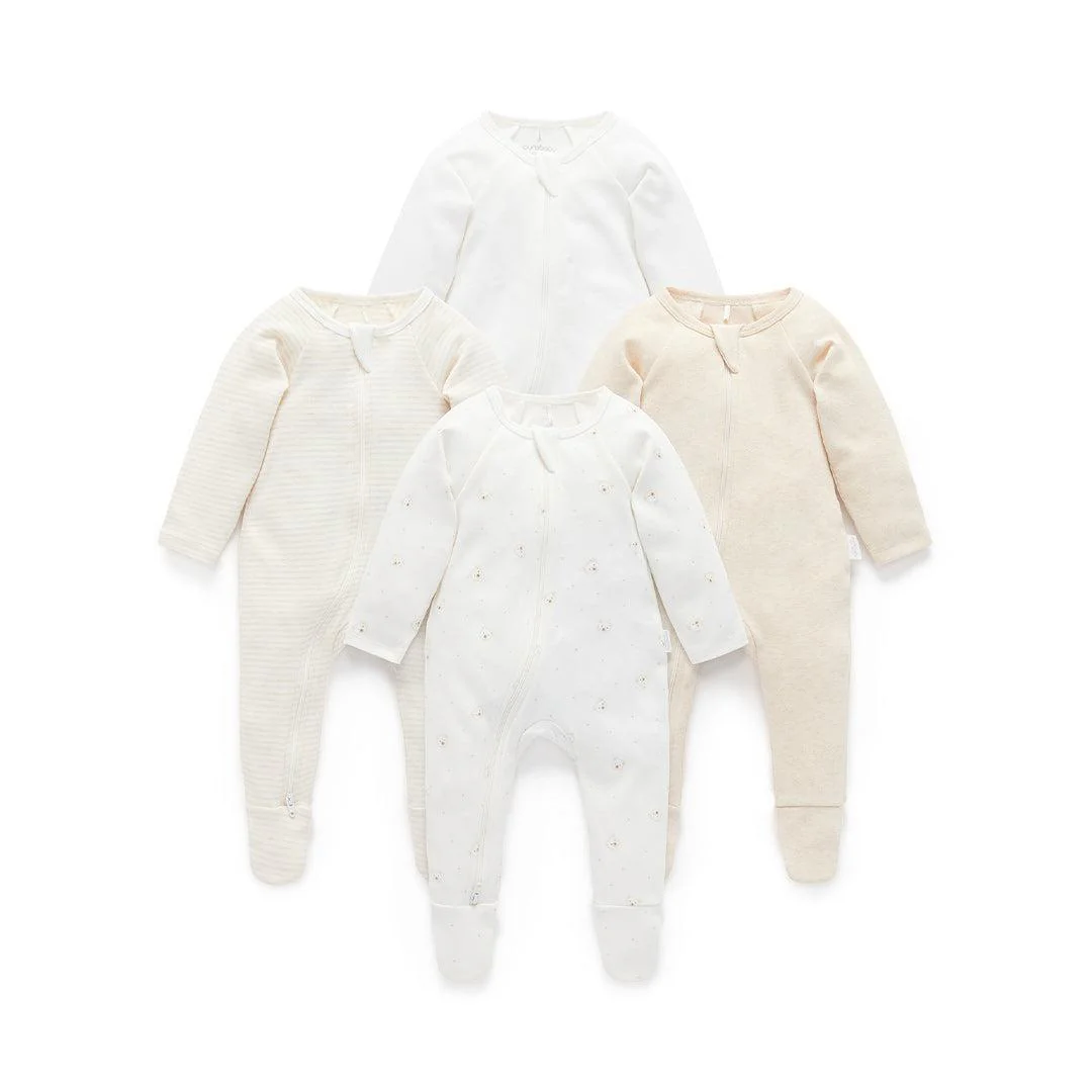 Purebaby 4 Pack Zip Sleepsuit - Vanilla Bear Pack