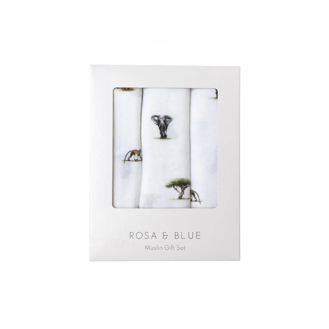 Rosa & Blue Muslin Squares - Safari - 3 Pack