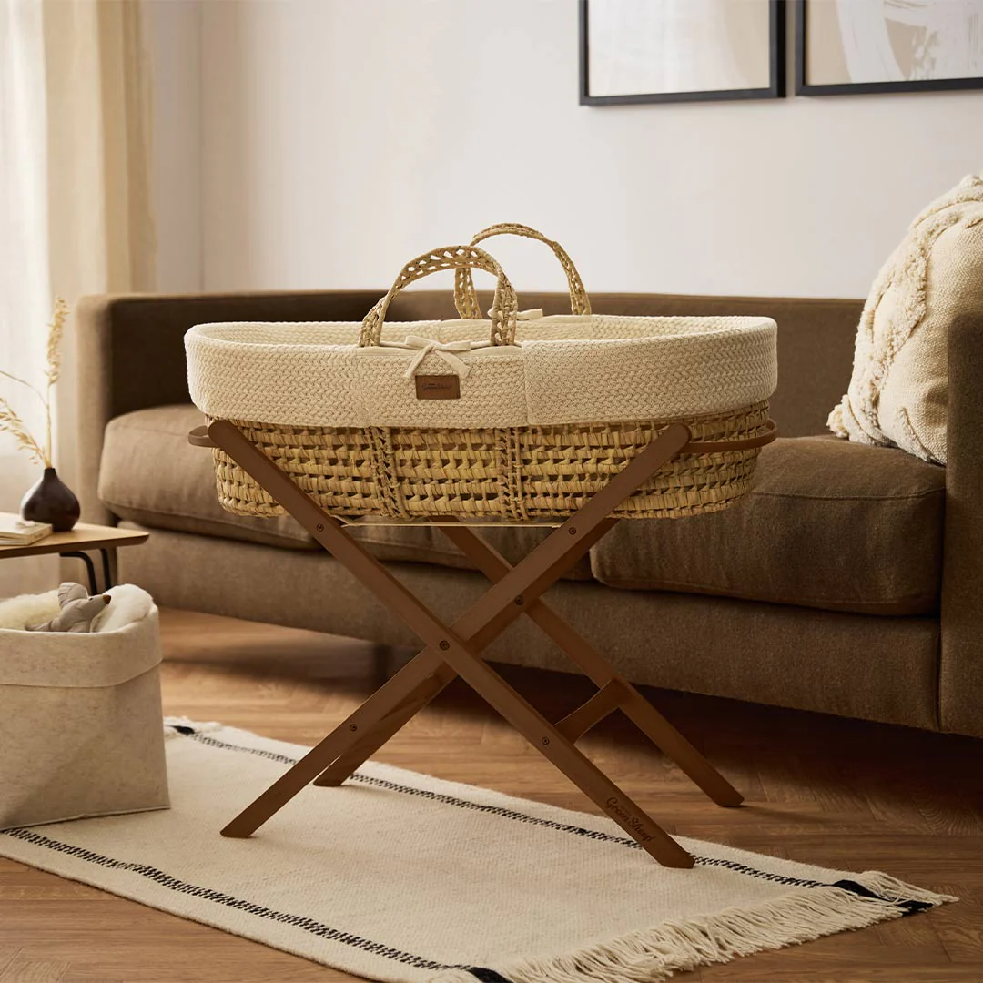 The Little Green Sheep Wheat Knit Moses Basket and Foldable Stand Bundle - Linen / Walnut - Image 2